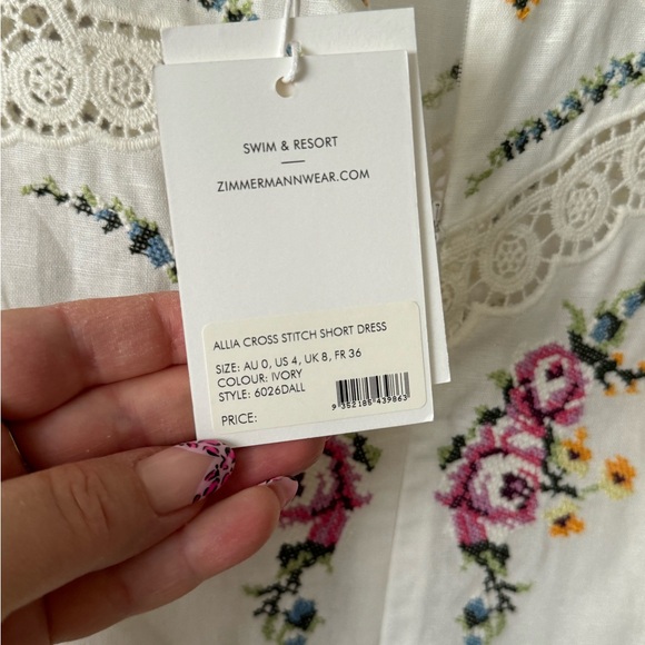 ZIMMERMANN Allia cross-stitched linen+cotton blend mini dress Size US 4 NWT - Picture 10 of 16